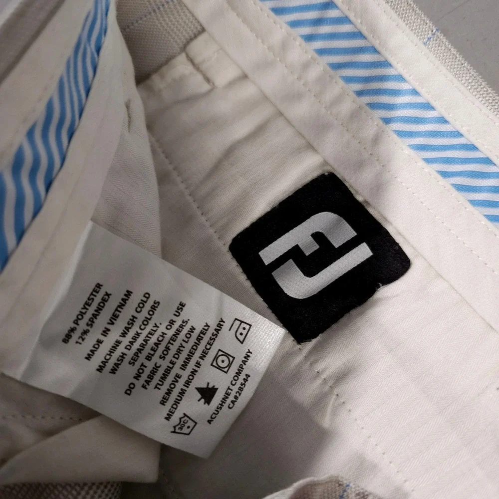 FootJoy Golf Pants Mens 36x34 Tan Blue Windowpane Plaid Performance Stretch